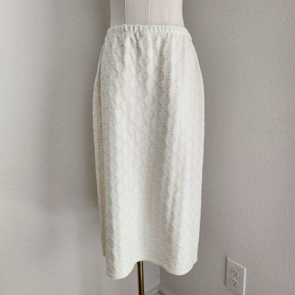 Vintage 80s 90s Ivory White Thick Knit Diamond Textured Elastic Waist Midi Skirt